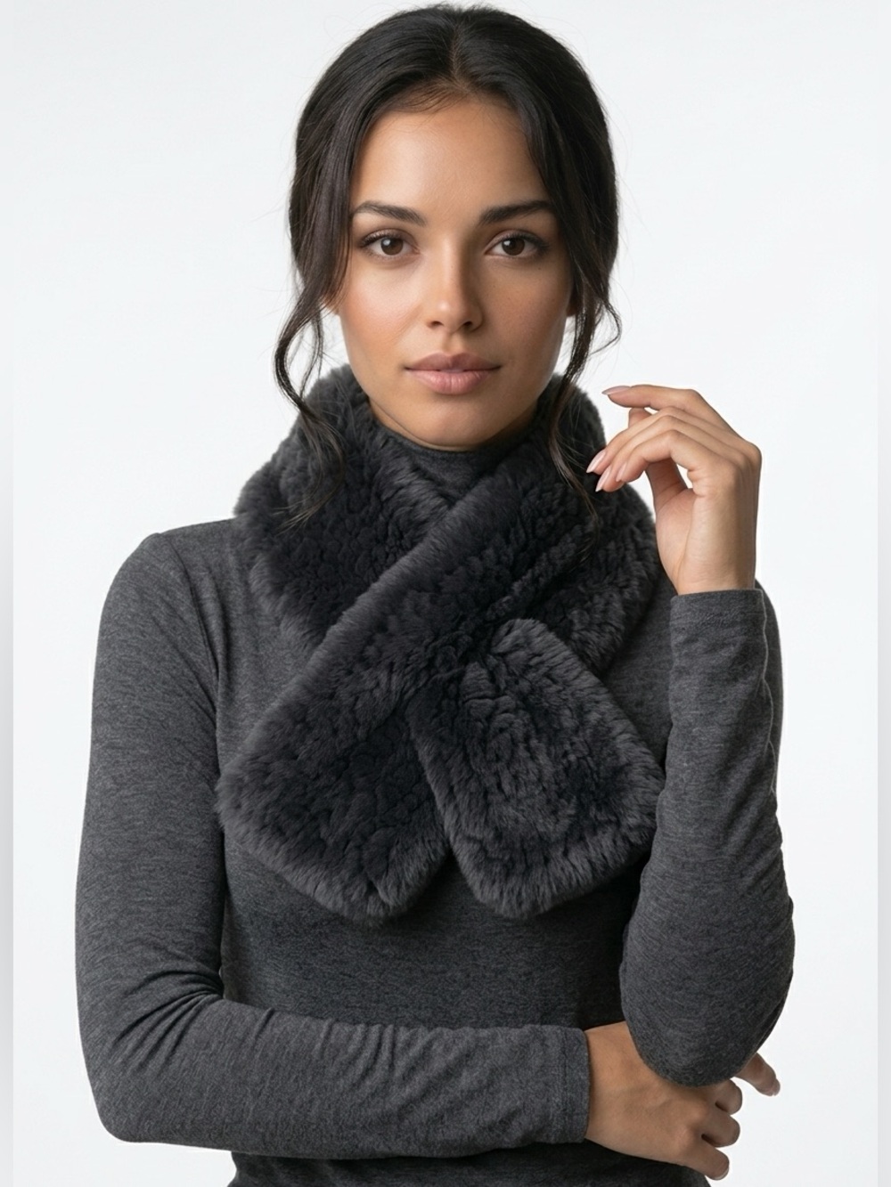 Diana Rosh Knitted REX Fur Pull-Through Scarf – Dark Gray - NWT